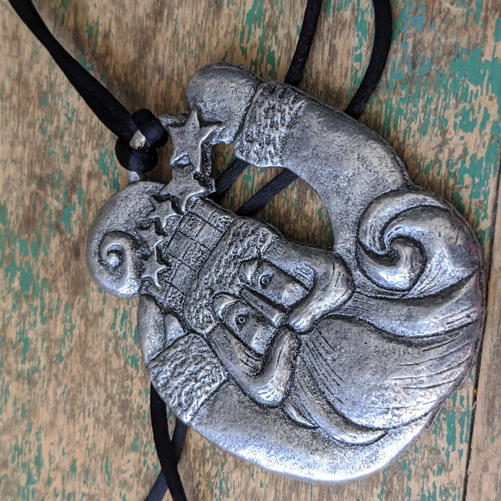 Vintage Metal Santa Pendant on Black Satin Cord Necklace